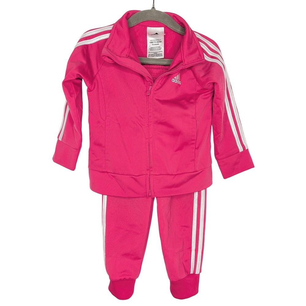 Adidas Kids Pink 3-Stripe Full Zip Tracksuit Jacket and Pants Set 18M AG0131